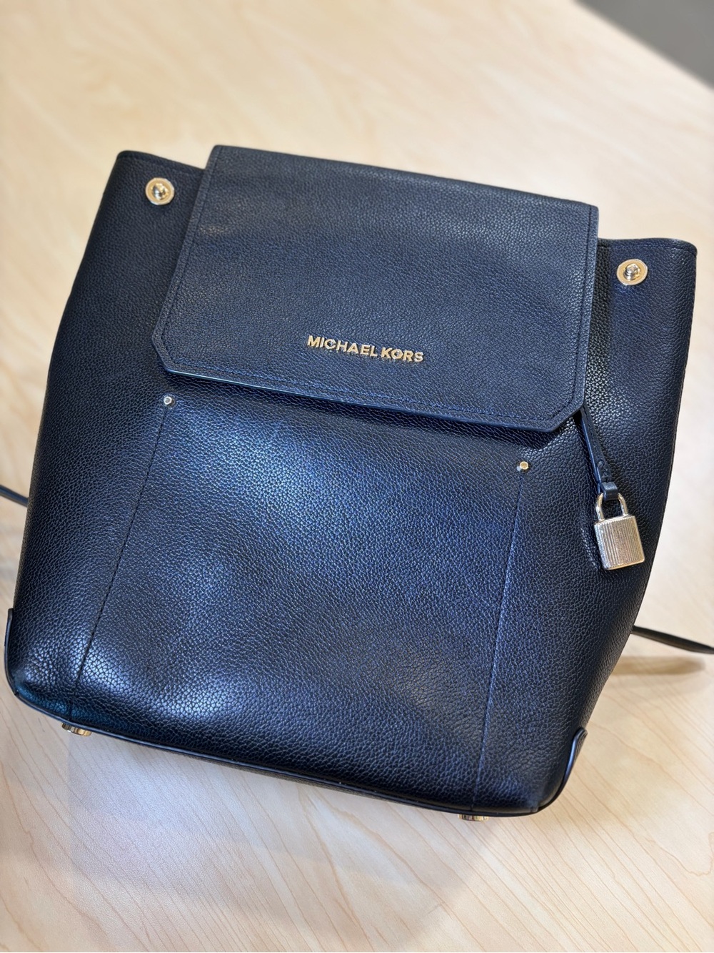 Michael Kors Black Pebble Leather Flap Backpack with Gold Accents